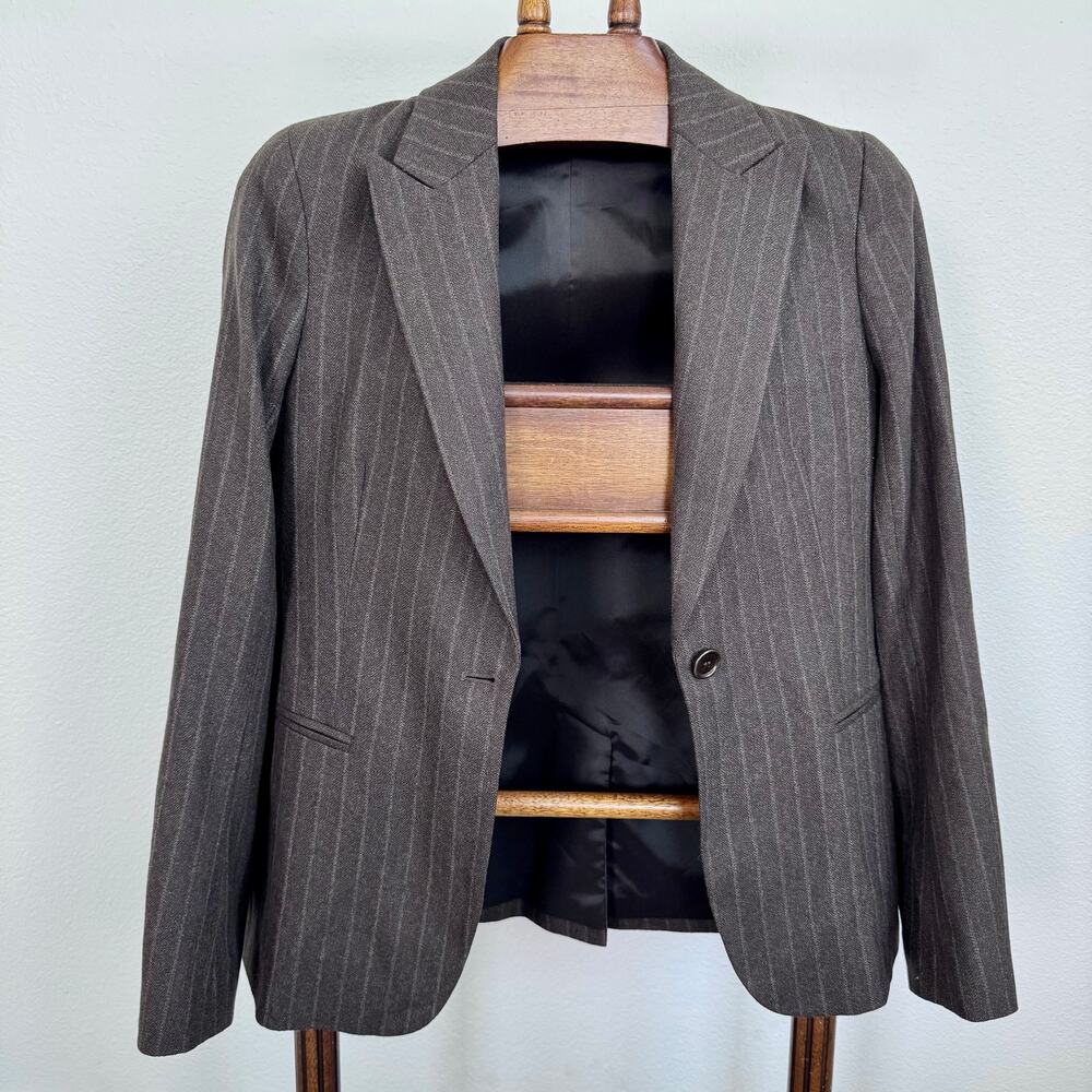 Theory Brown Wool Pinstripe Blazer sz 8 Tailored Career Office Jacket Fall Class